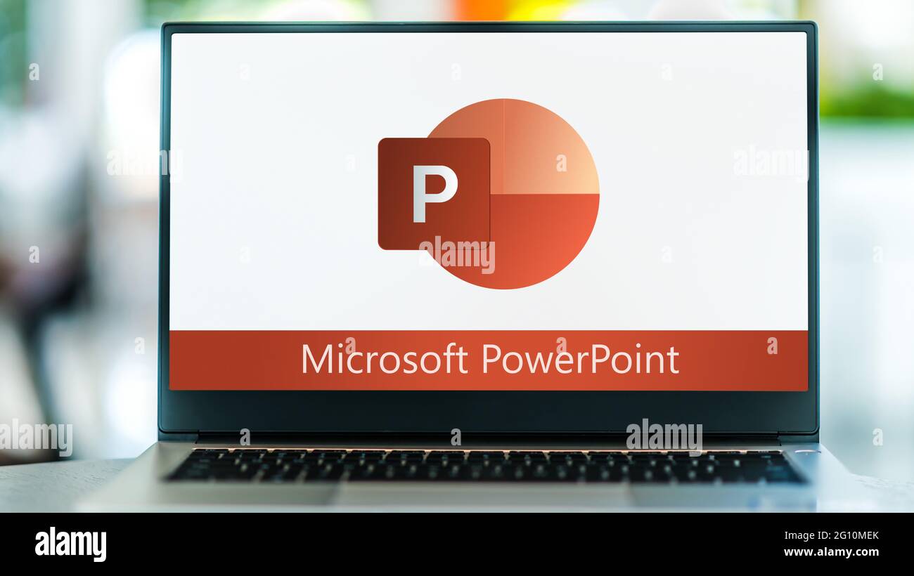 POZNAN, POL - MAY 1, 2021: Laptop computer displaying logo of Microsoft PowerPoint, a presentation program, part of the Office family software and ser Stock Photo