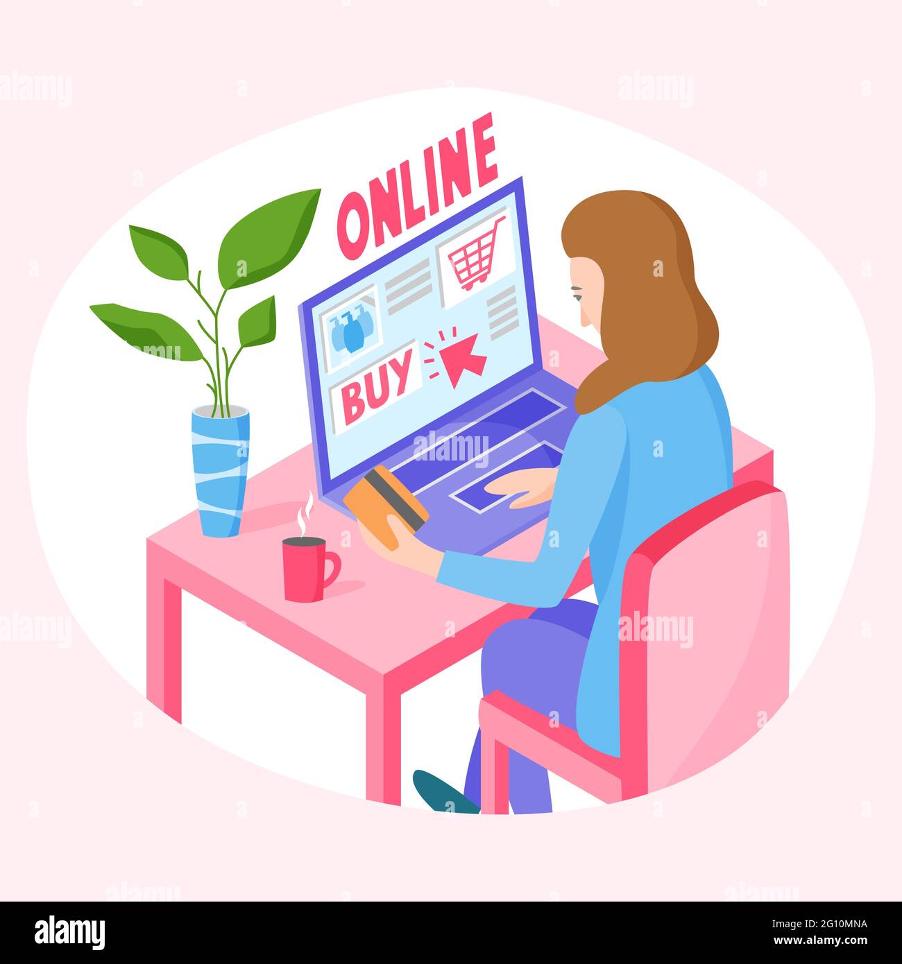 Buying online concept, woman orders goods on the internet and pay by card, shopping from home, vector illustration Stock Vector