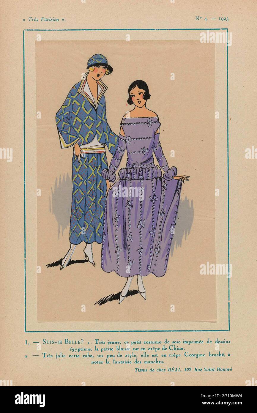 Très Parisien, 1923, No. 4: 1. - Suis-Je Belle? 1. Très Jeune, .... 1. A  side costume, printed with Egyptian motifs. The blouse is of crepe de  chine. 2. Dress, 'un peu