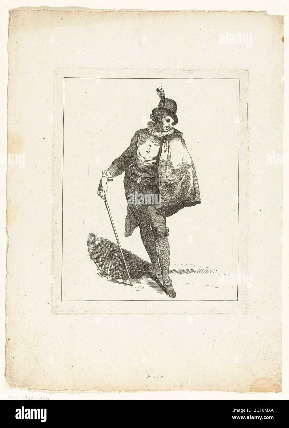 Young man in a spanish suit; Figure studies; Etudes The Figures Drapées. Standing young man in a spanish costume, with a walking stick in the right hand. Print from a series of seven. Stock Photo