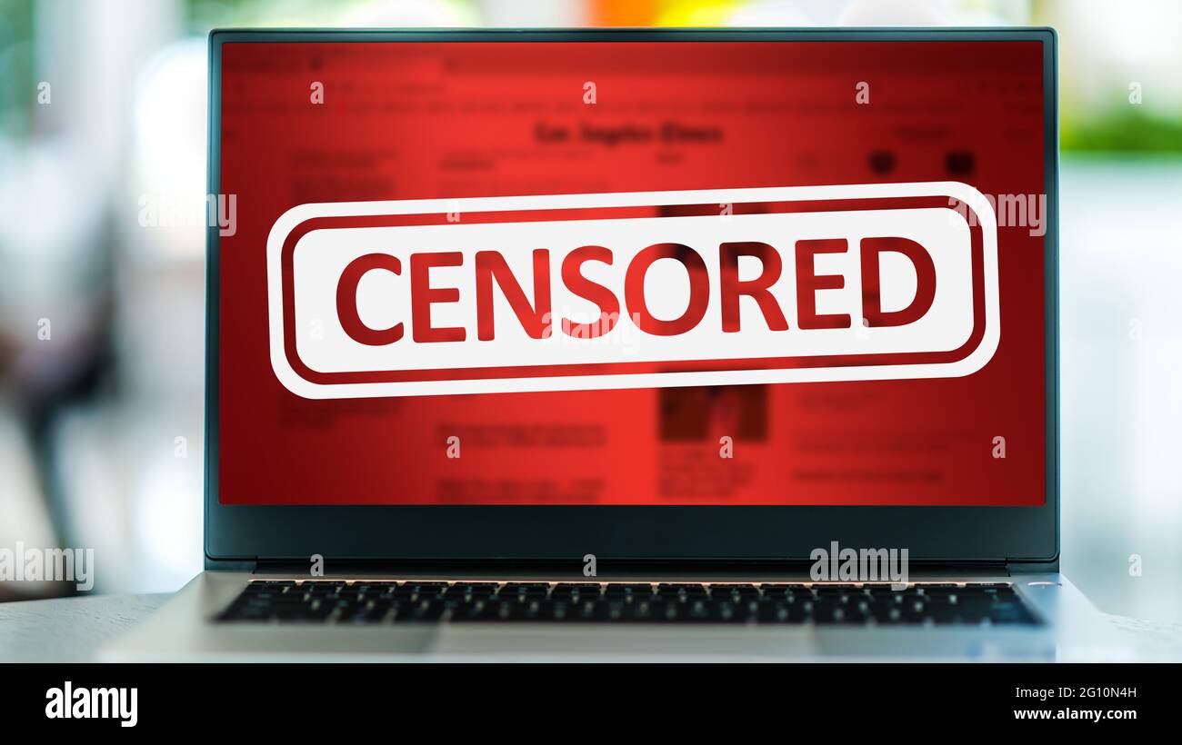 Laptop computer displaying the sign of censorship on an internet news site Stock Photo