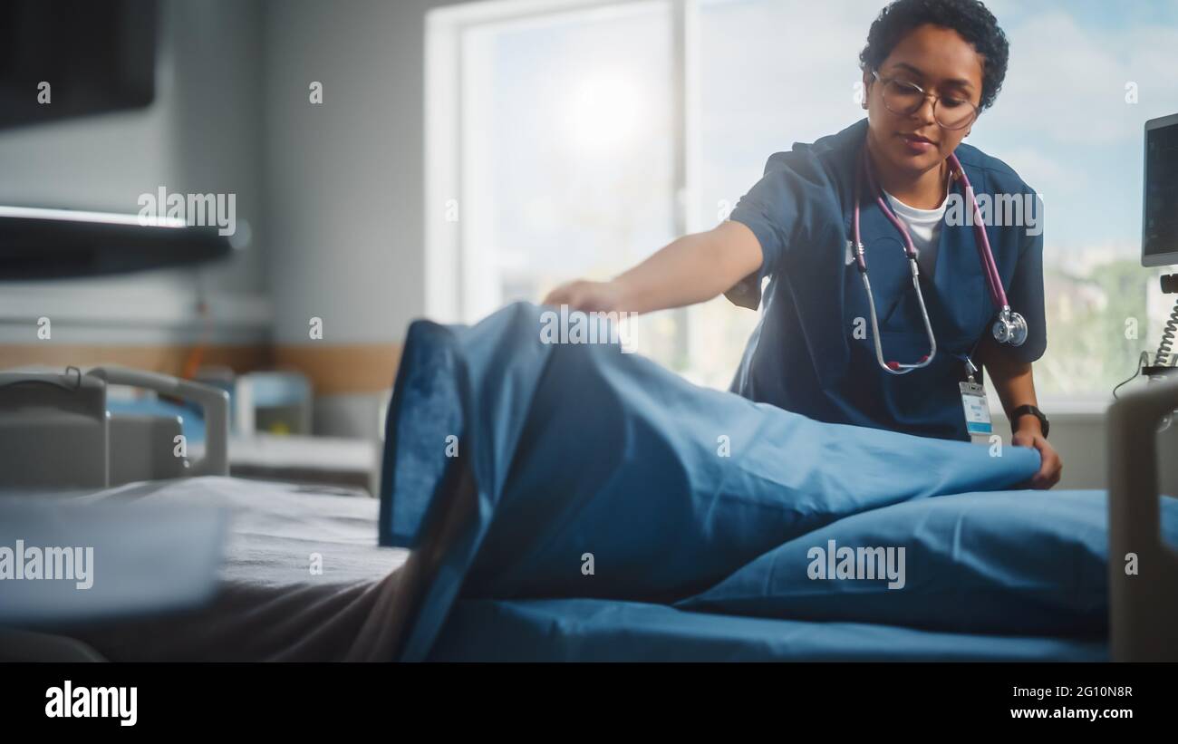 Hospital Ward Beautiful, Professional Latin Black Nurse Working, Doing