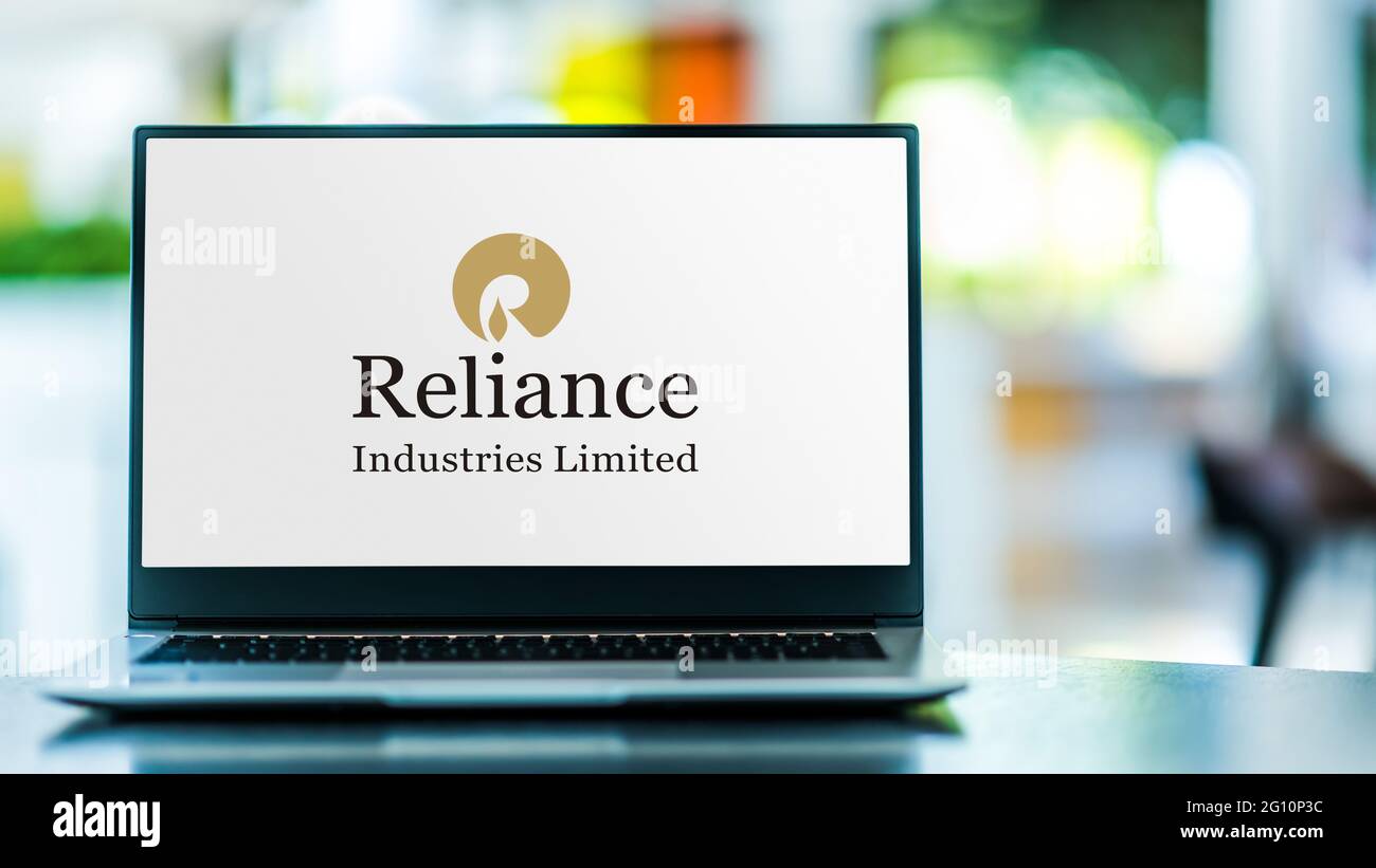 POZNAN, POL - MAY 1, 2021: Laptop computer displaying logo of Reliance Industries, an Indian multinational conglomerate company headquartered in Mumba Stock Photo