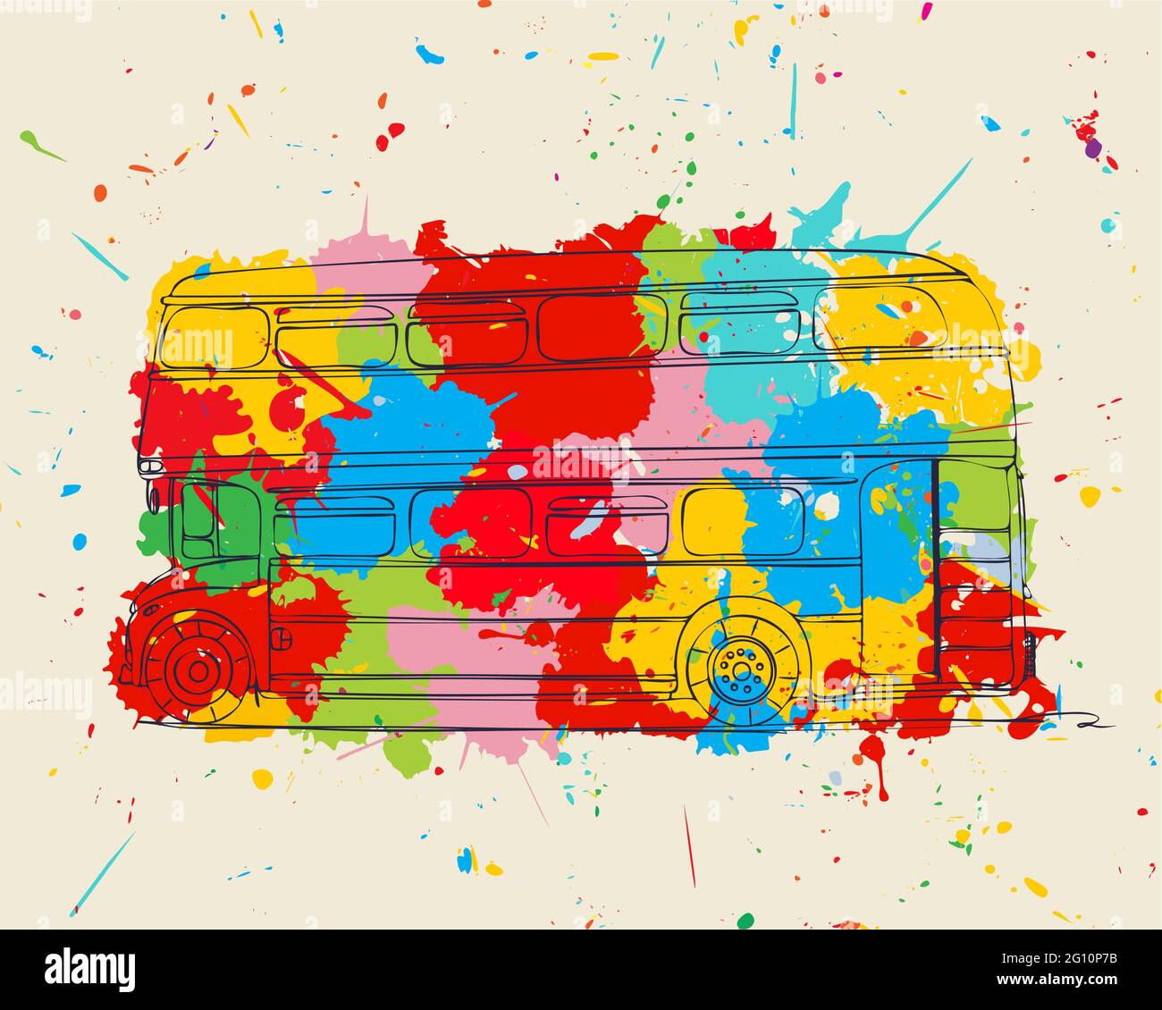 Double decker sketch over colored splats, vector illustration Stock Vector