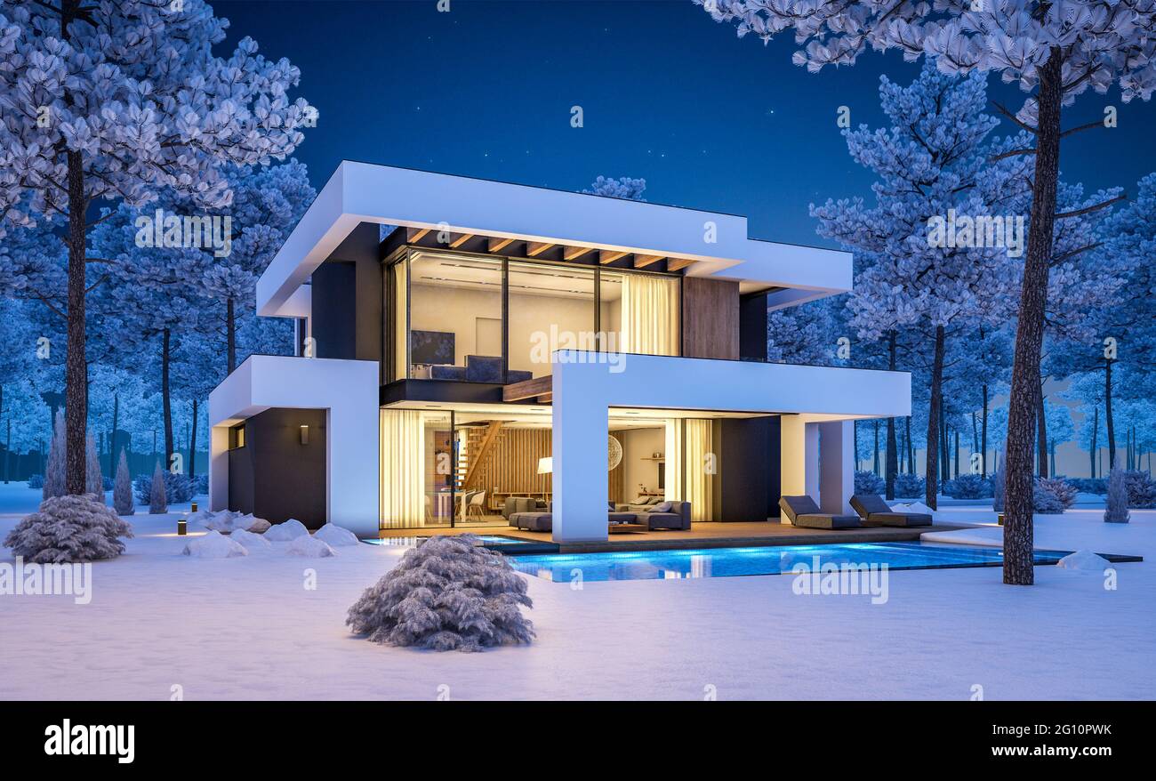 3d rendering of modern cozy house with pool and parking for sale or ...