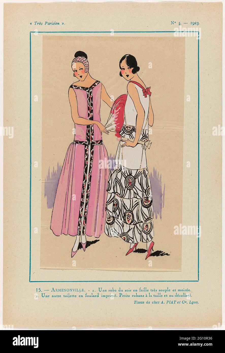 Très Parisien, 1923, No 5: 15.- Armenonville. - 1. Une Robe du Soir .... 1.  An evening dress by flexible 'faille' and moiré (silk?). 2. Another  'Toilette' of Printed Foulard. Small ribbons