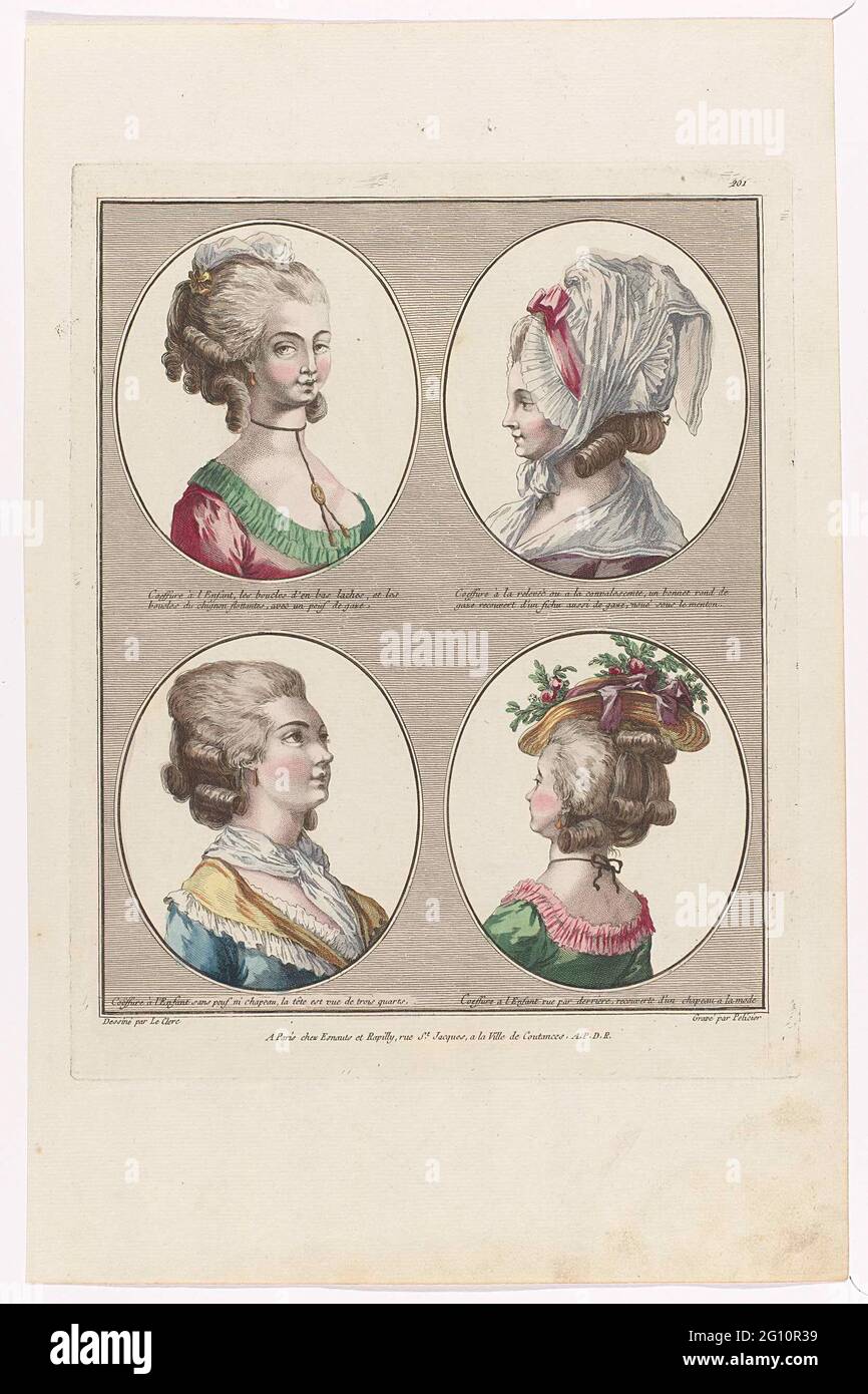 Gallery des Modes et Costumes Français, 1780, 201: Coeffure a l'enfant  (...). Four women's hairstyles, one of which is seen on the back divided  into four ovals. Top left: 'coeffure à l'enfant'