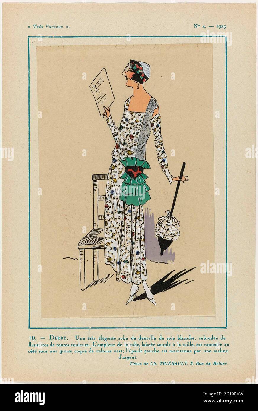 Très Parisien, 1923, No. 4: 10. -DERBY. Une très élégante Robe .... Dress from white silk side with embroidered floral pattern in different colors. At the waist on the left a large 'coque' of green velvet; The left shoulder strap is held by silver-colored Maline (Mechelen side?). Further accessories: Hat with raised edge and voile, parasol, pumps. Substances from CH. Thiébault. Print from the fashion magazine Très Parisien (1920-1936). Stock Photo