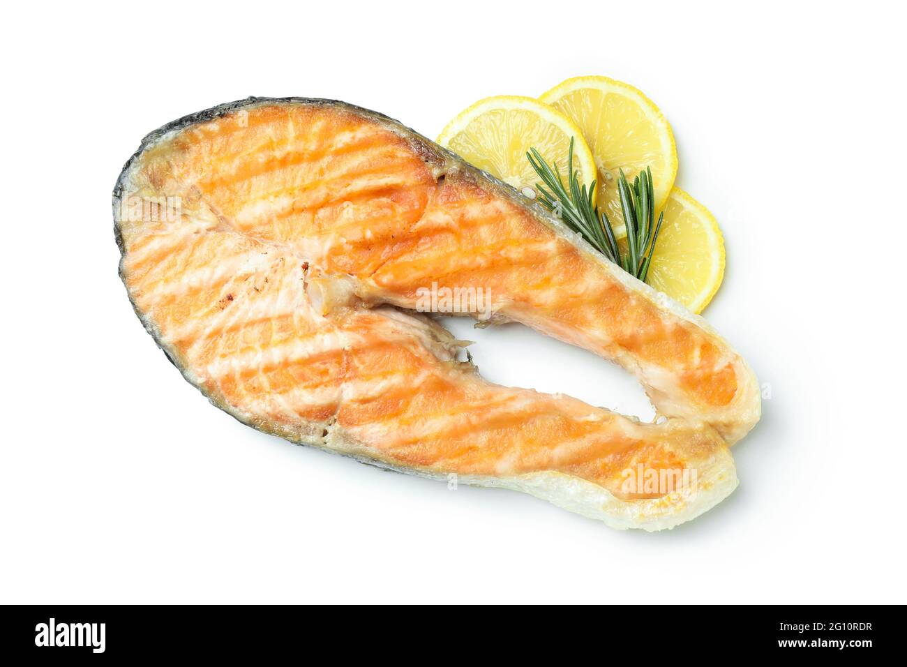 Tasty grilled salmon isolated on white background Stock Photo - Alamy