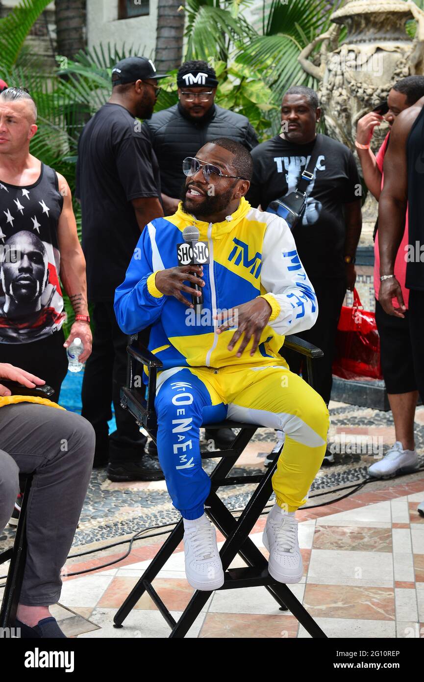 Floyd Mayweather takes part in media availability ahead of his June 6th  exhibition boxing match against Logan Paul on June 03, 2021 at Villa Casa  Casuarina at the former Versace Mansion in