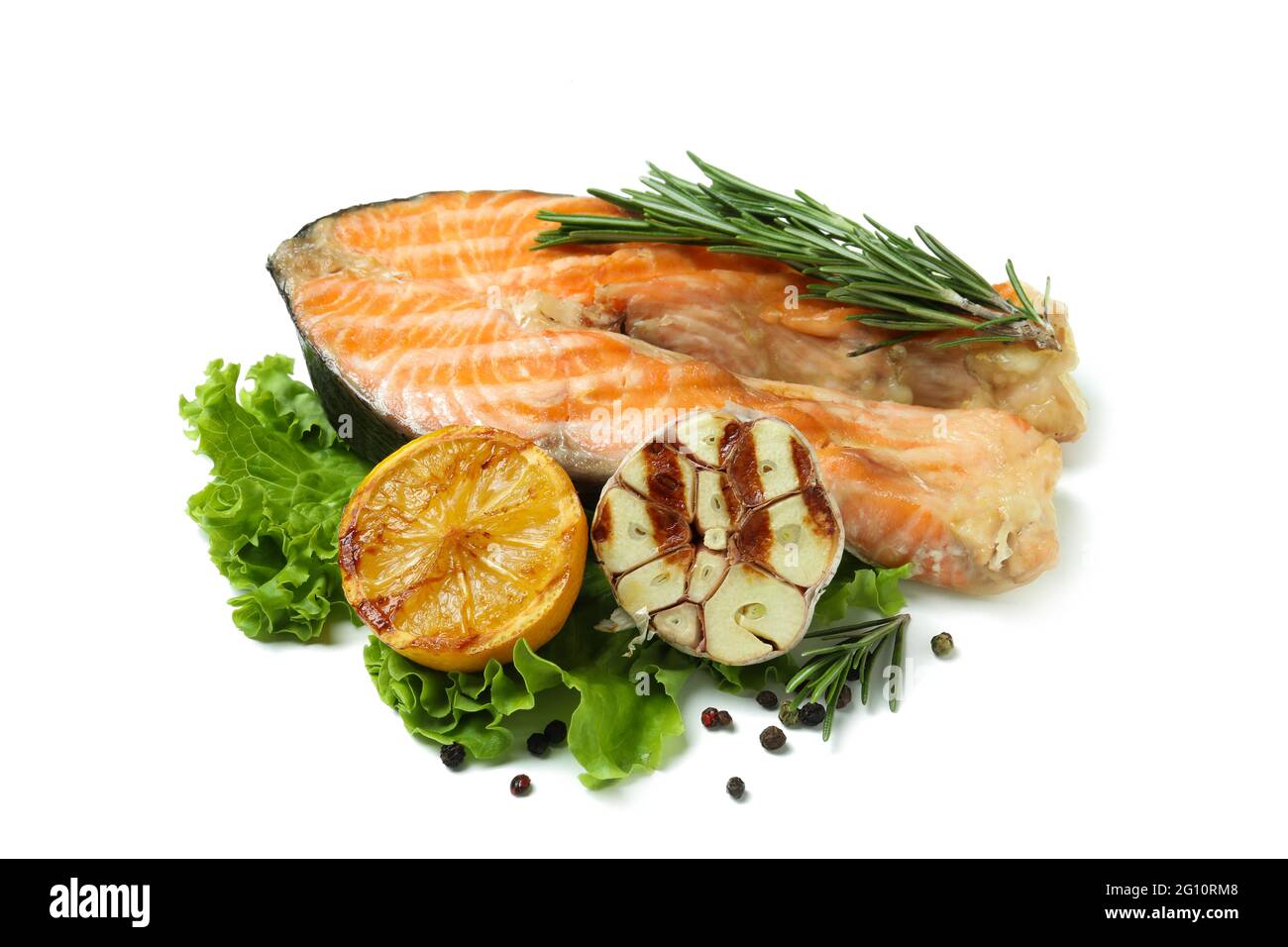 Tasty grilled salmon isolated on white background Stock Photo - Alamy