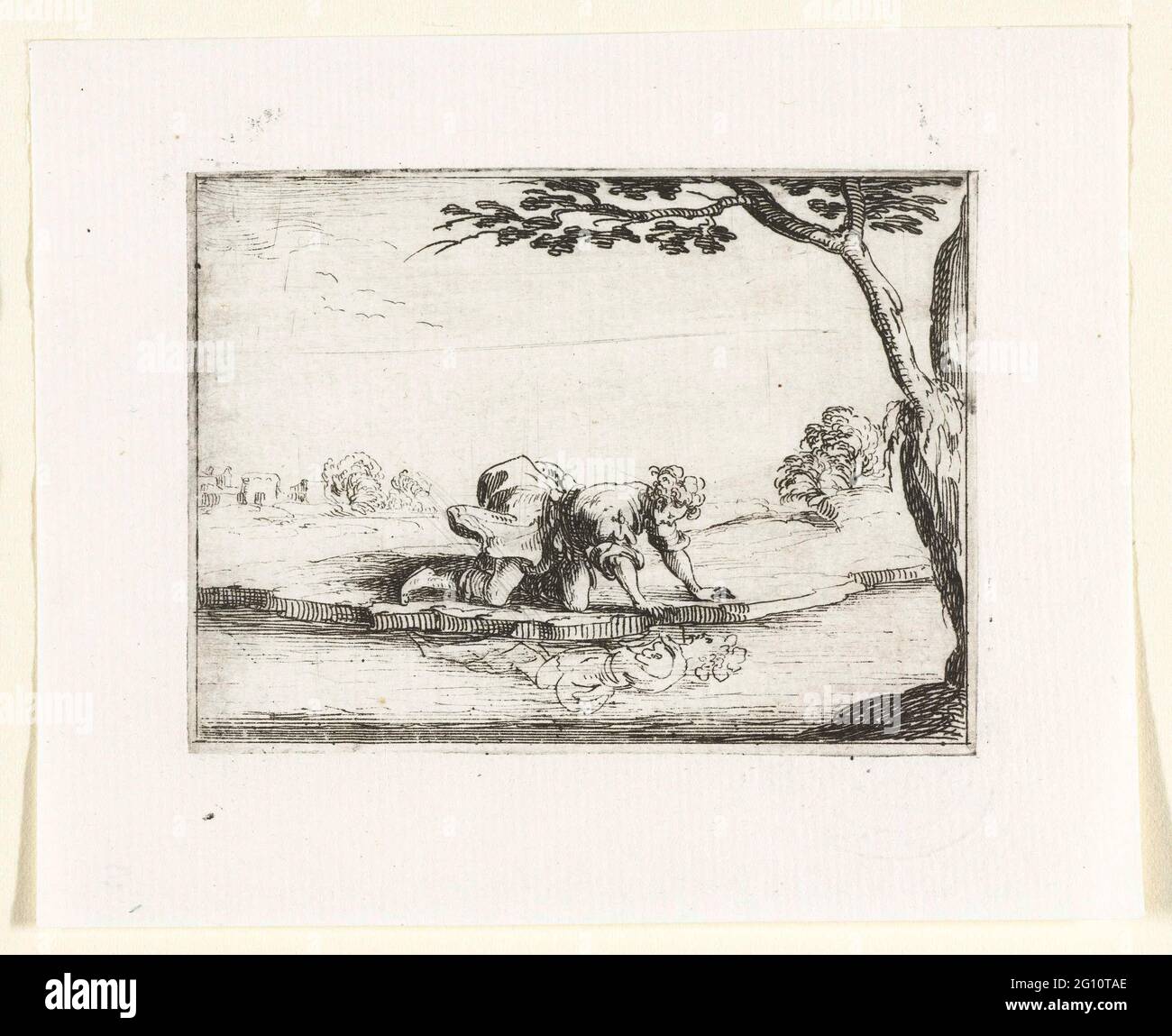 Narcissus admires his mirror image in the water; Monastery life in emblems. Presentation of a young man (Narcissus) looking at his own mirror image at a waterfront. This magazine is part of the emblem series 'monastic life in emblems'. In addition to an illustrated title page and 26 emblems, the second state of this series contains a title page and a blade with assignment, both in letterpress without image. Stock Photo