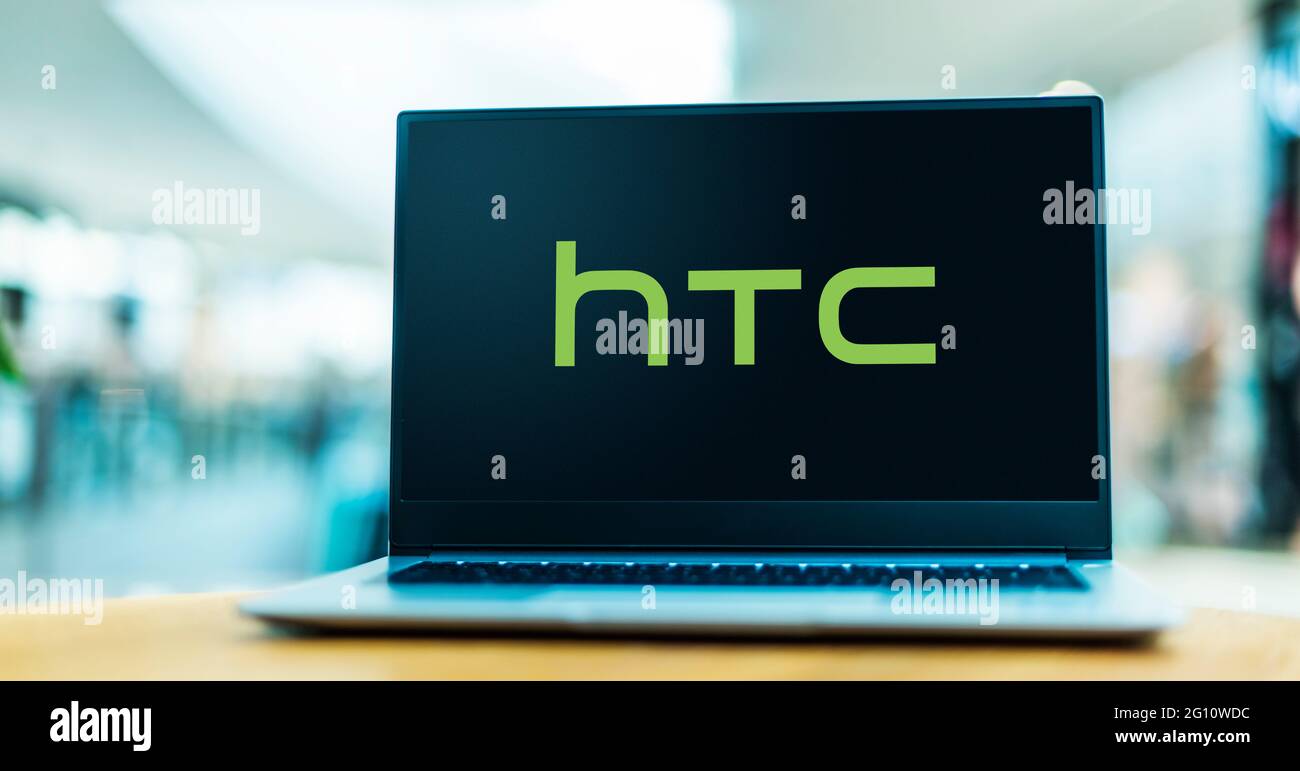 POZNAN POL MAY 1 2021 Laptop computer displaying logo of HTC