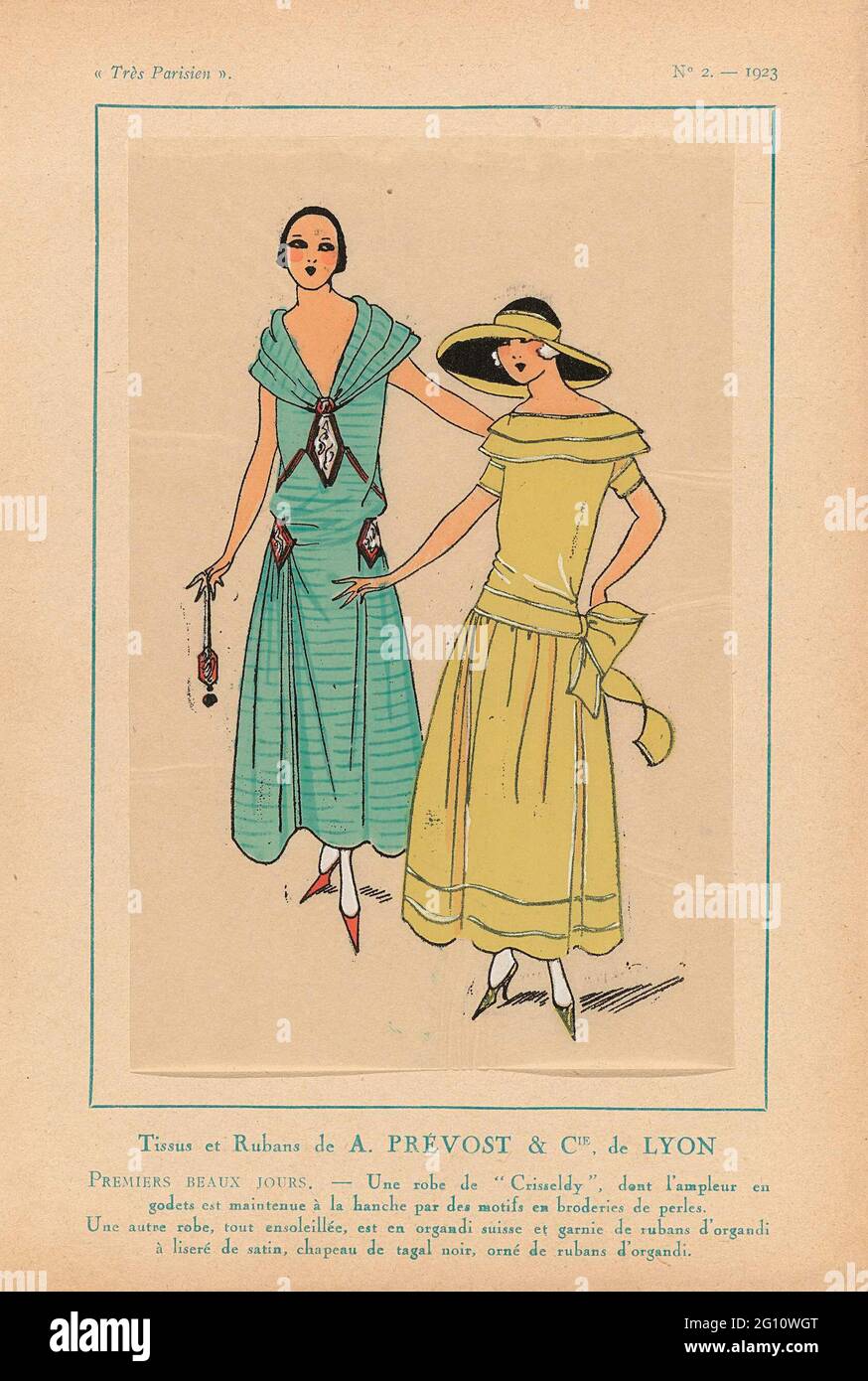 Très Parisien, 1923, No. 2: Tissus et Rubans the A. Prévost & Cie. The Lyon  .... fabrics and ribbons of A. Prévost & Cie from Lyon. A dress by  'Crisseldy', where the '
