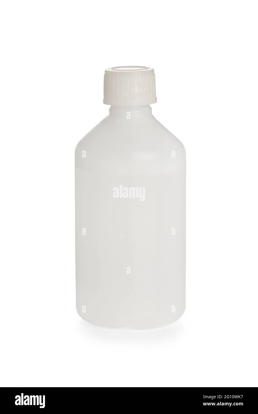 Plastic medical bottle with transparent liquid isolated on white