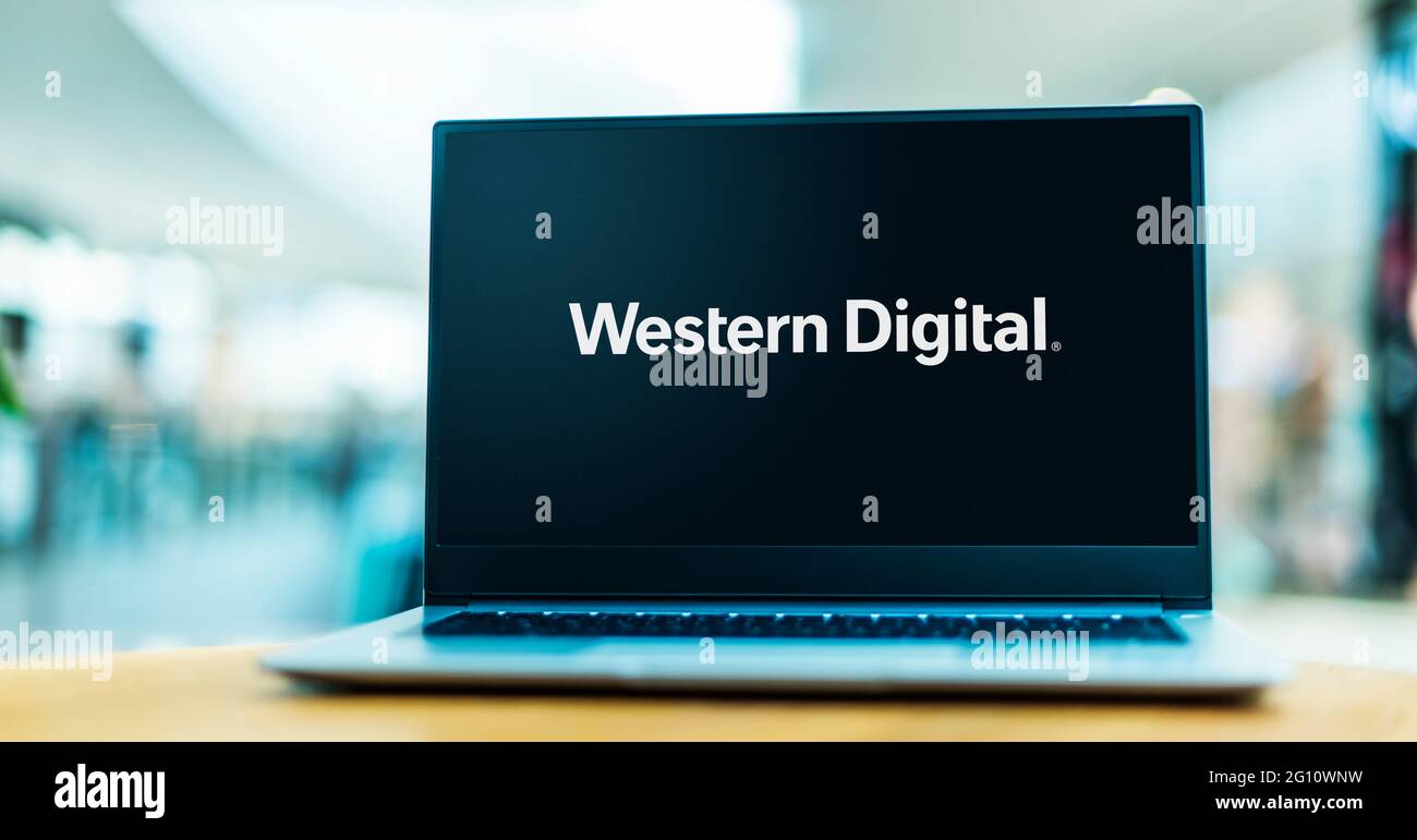 POZNAN, POL - MAY 1, 2021: Laptop computer displaying logo of Western Digital Corporation, a computer hard disk drive manufacturer and data storage co Stock Photo