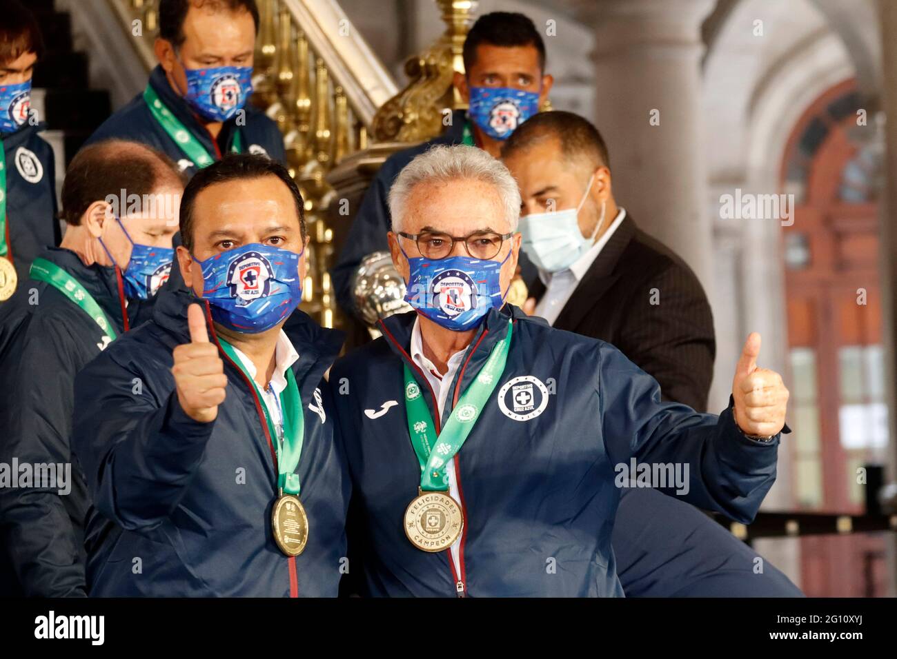 Mexico City Mexico 03rd June 2021 Alvaro Davila Jaime Ordiales Victor Manuel Velazque Pose For Photos Holding The Cup Of Mexican Football League During A Meet With Mayor Claudia Sheinbaum At Town