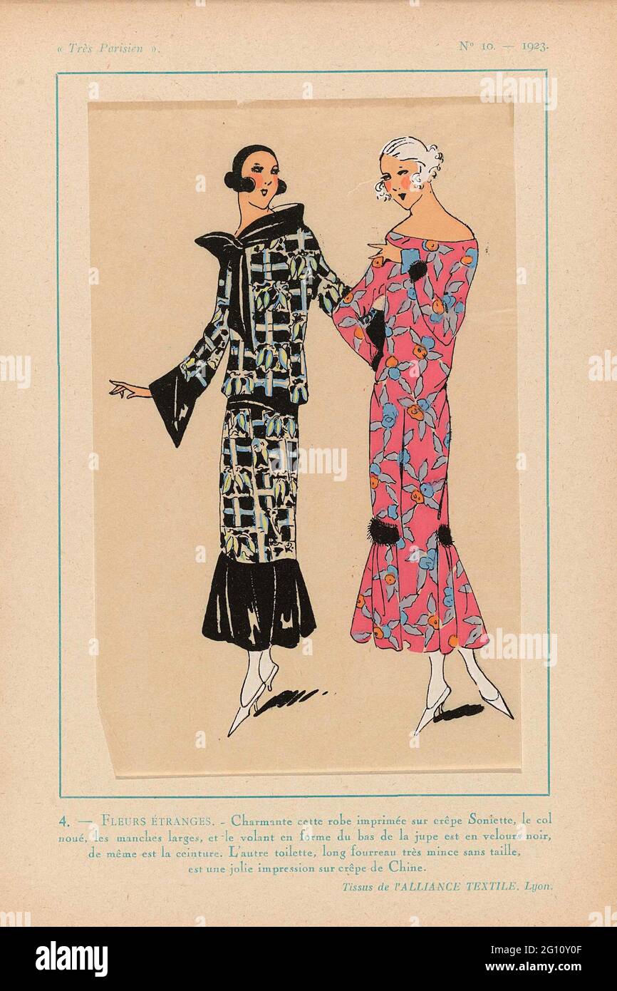 Très Parisien, 1923, no 10: 4. - Fleurs étranges. - Charming Cette Robe  Imprimée .... Dress of printed crepe Soniette with stricted collar and wide  sleeves. The belt and the volant at