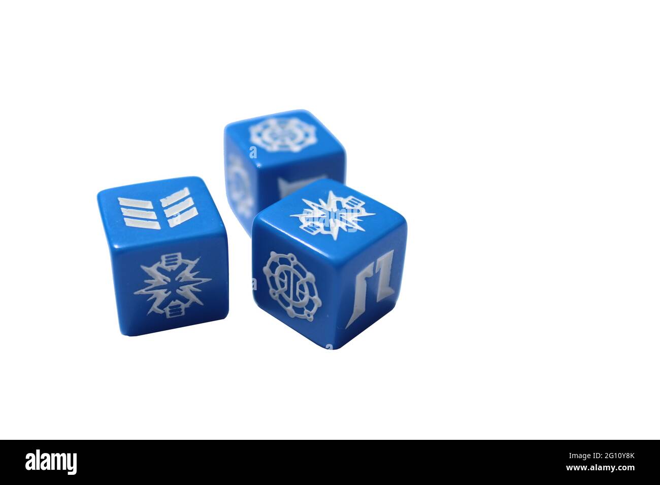 Hasbro Galactic Battle Game Dice with various symbols,  isolated on a white with copy space Stock Photo