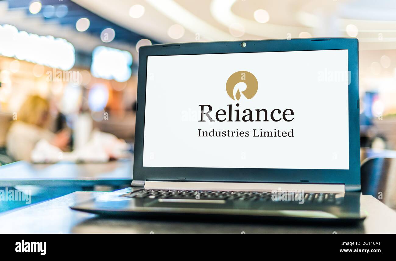 POZNAN, POL - MAY 1, 2021: Laptop computer displaying logo of Reliance Industries, an Indian multinational conglomerate company headquartered in Mumba Stock Photo