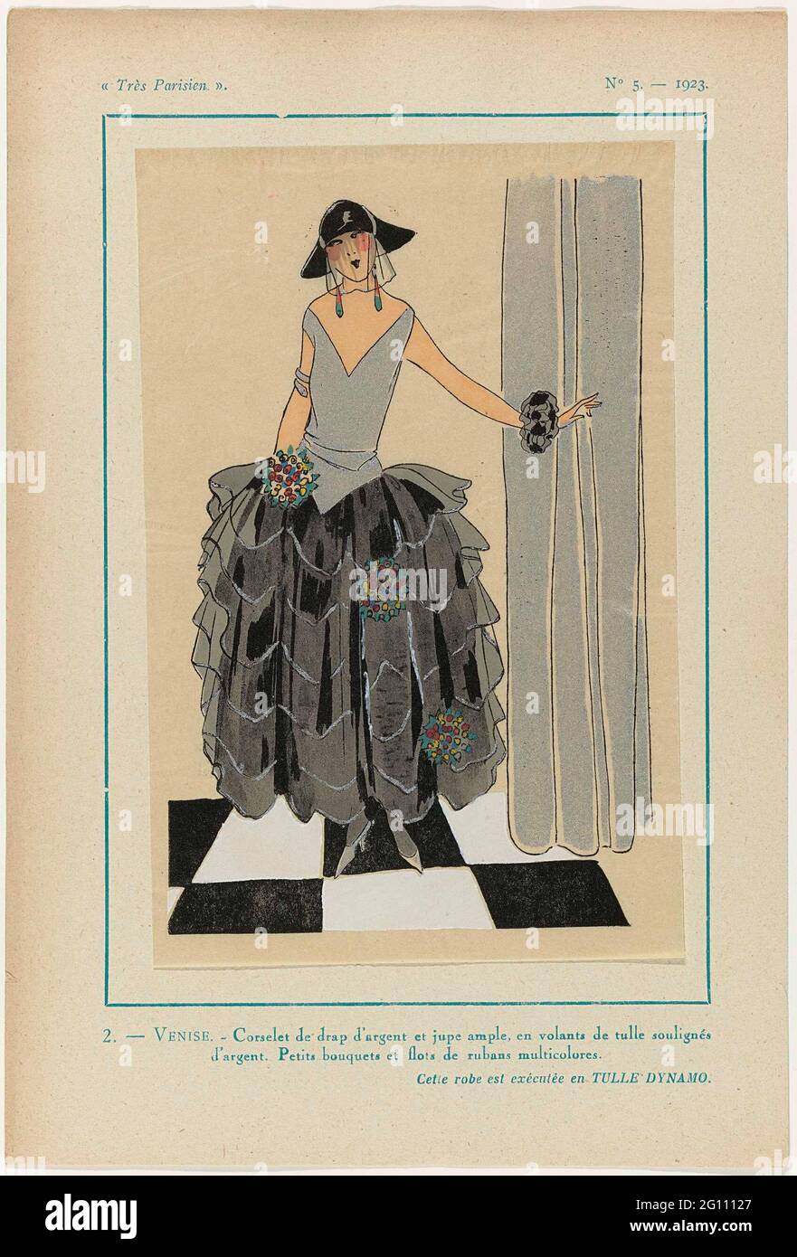 Très Parisien, 1923, No 5: 2. - Venise. - Corselet De Dap d'Argent ....  Bodice of silver towel and a wide skirt consisting of volants of tulle off  with silver. Small bouquets