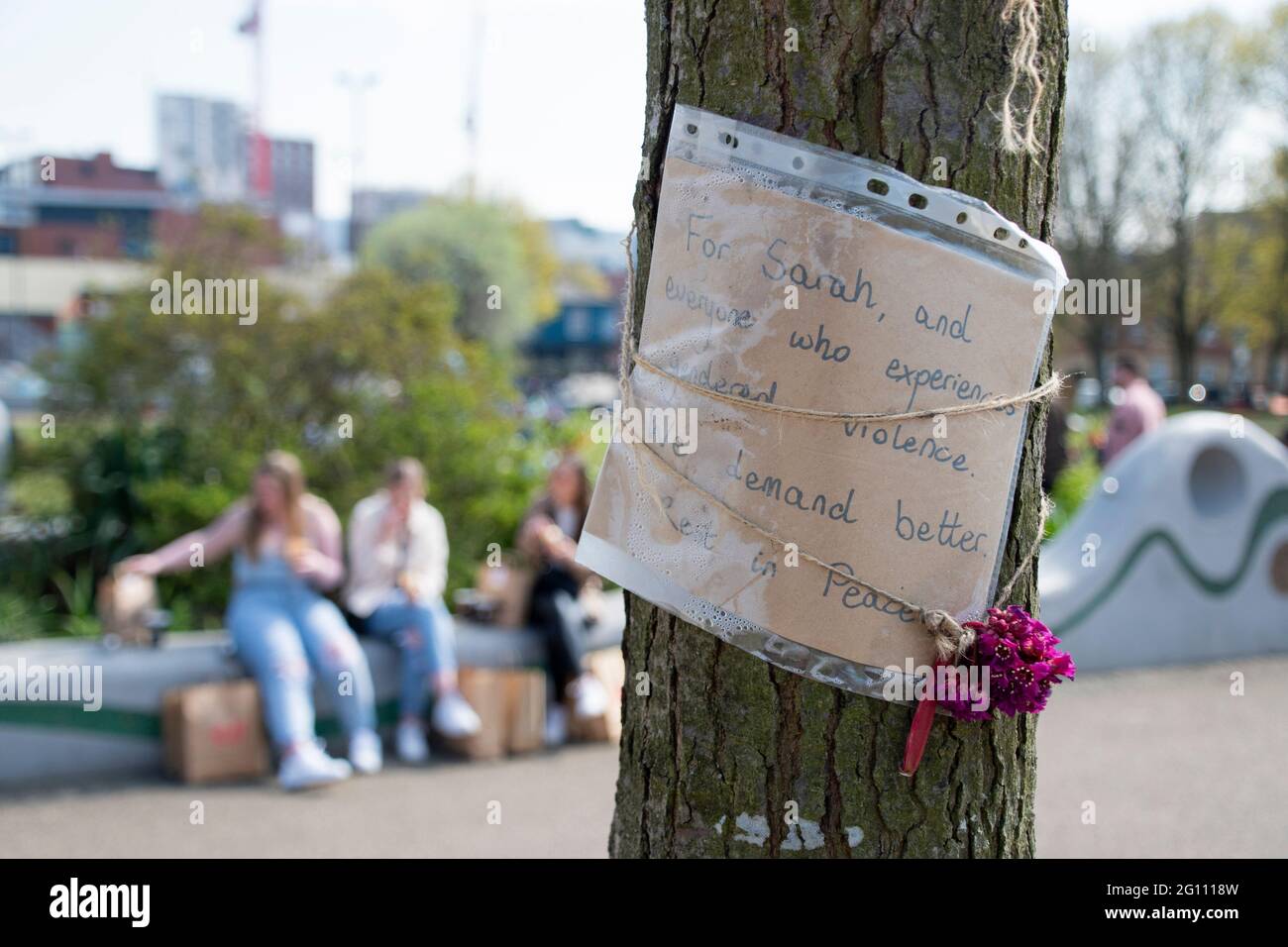Sheffield UK: 17th April 2021: Handwritten sign left after the women’s rights demonstration and vigil for Sarah Everard, Devonshire Green Stock Photo