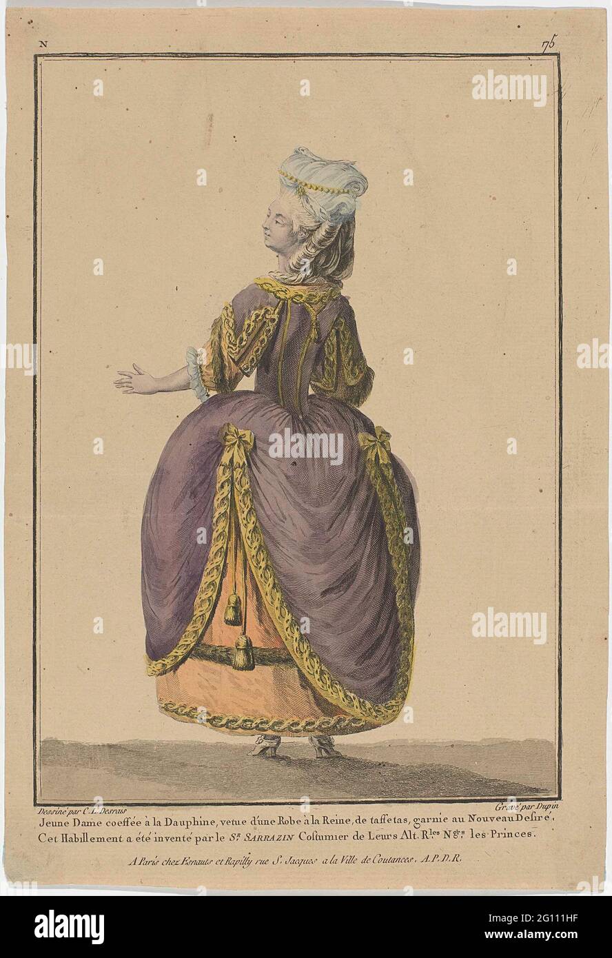 Gallery des Modes et Costumes Français, 1778, N 75: Jeune Lady Coeffée a la  Dauphin (...) .. Standing young woman, seen on the back, with hairstyle 'à  la Dauphine'. She carries in