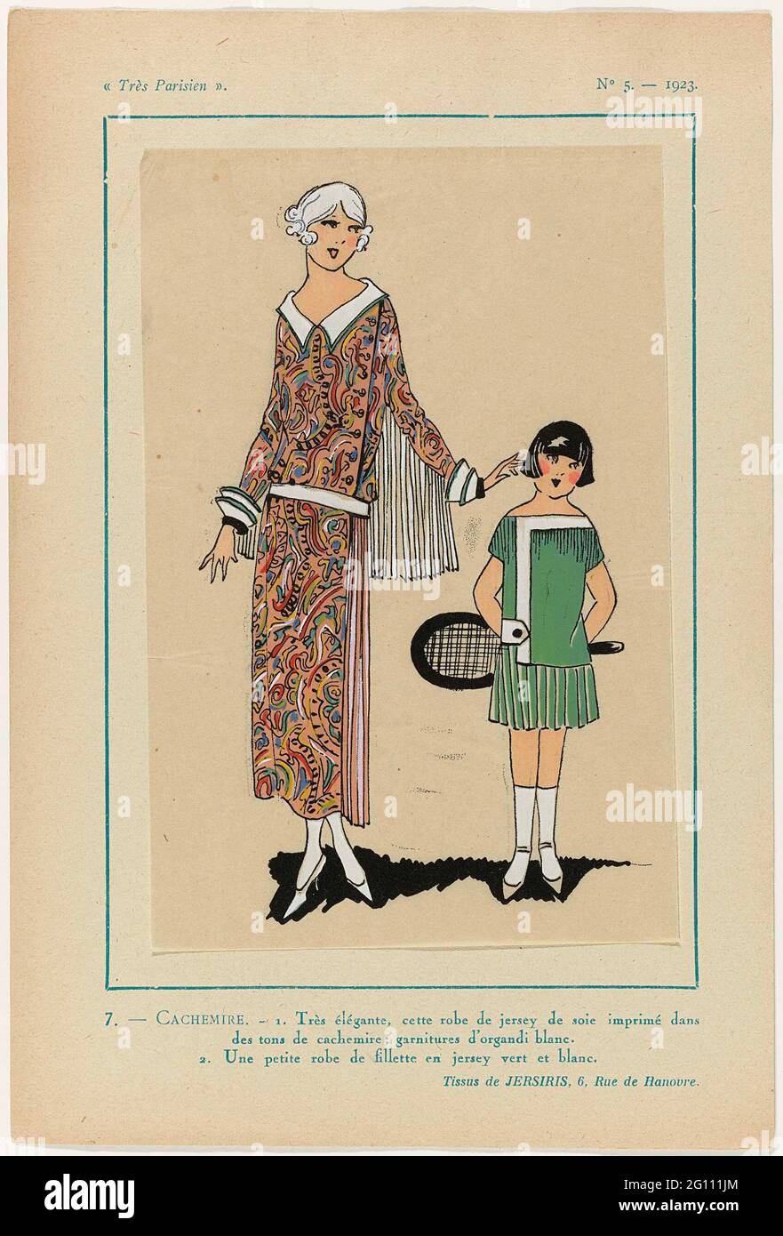 Très Parisien, 1923, No 5: 7.- Cachemire. - 1. Très élégante, .... 1. Dress  from silk jersey printed in differences colors of cashmere; Garments of  white organ. 2. Children's dress of green