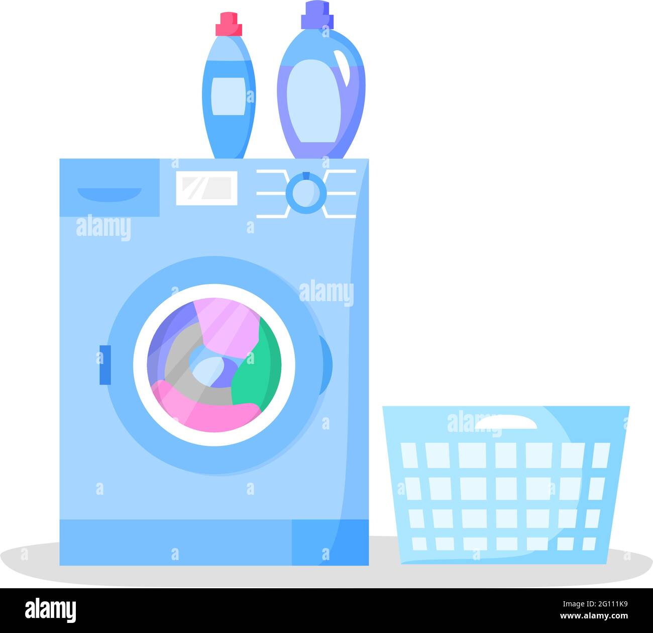 Working washing machine and empty laundry basket, bottles with liquid