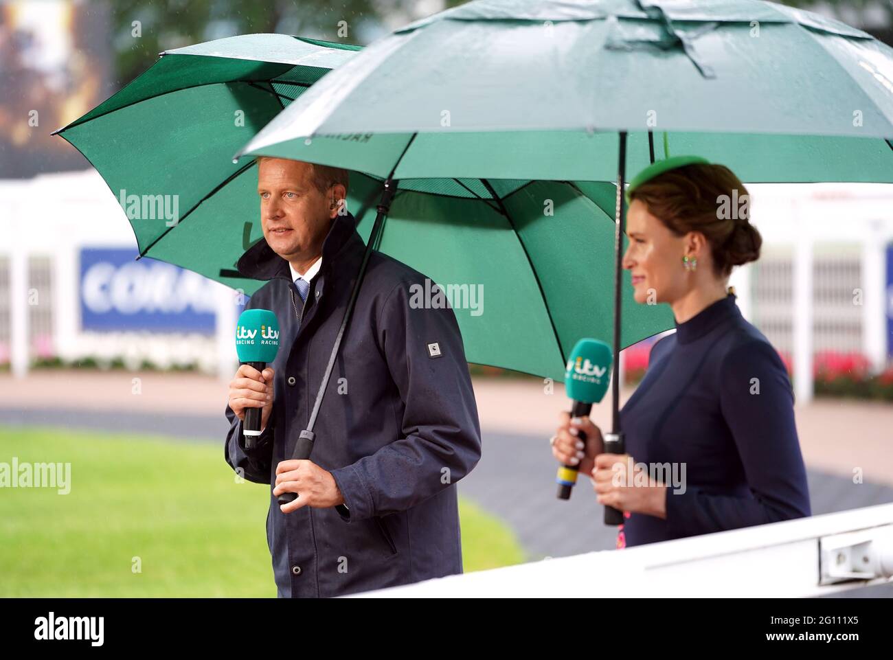 ITV racing presenters Ed Chamberlin and Francesca Cumani (right) during