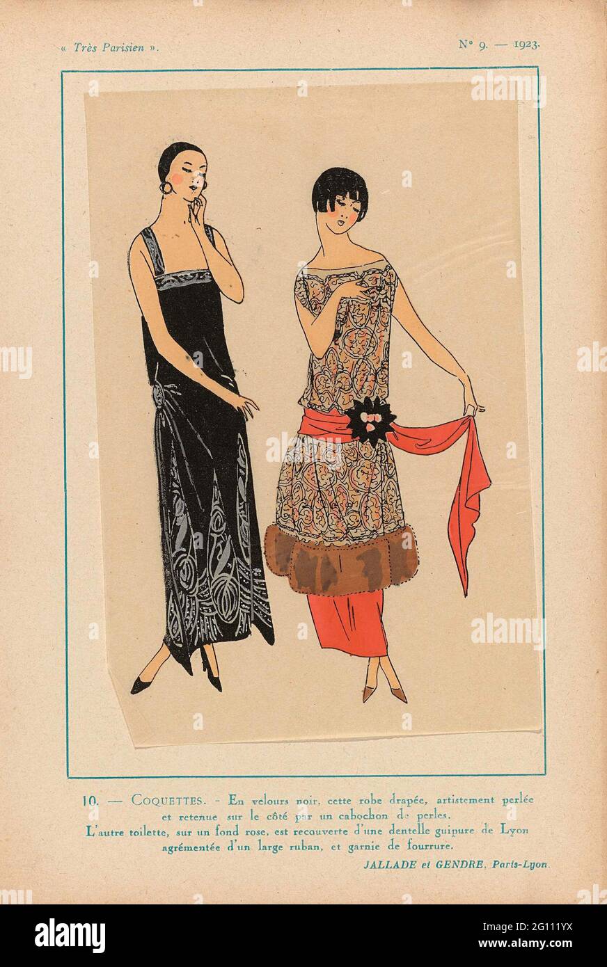 Très Parisien, 1923, No 9: 10 - Coquettes. - and Velor Noir, Cette Robe  Drapée, .... Draped evening dress made of black velvet decorated with  beads; Plated on the side by a '