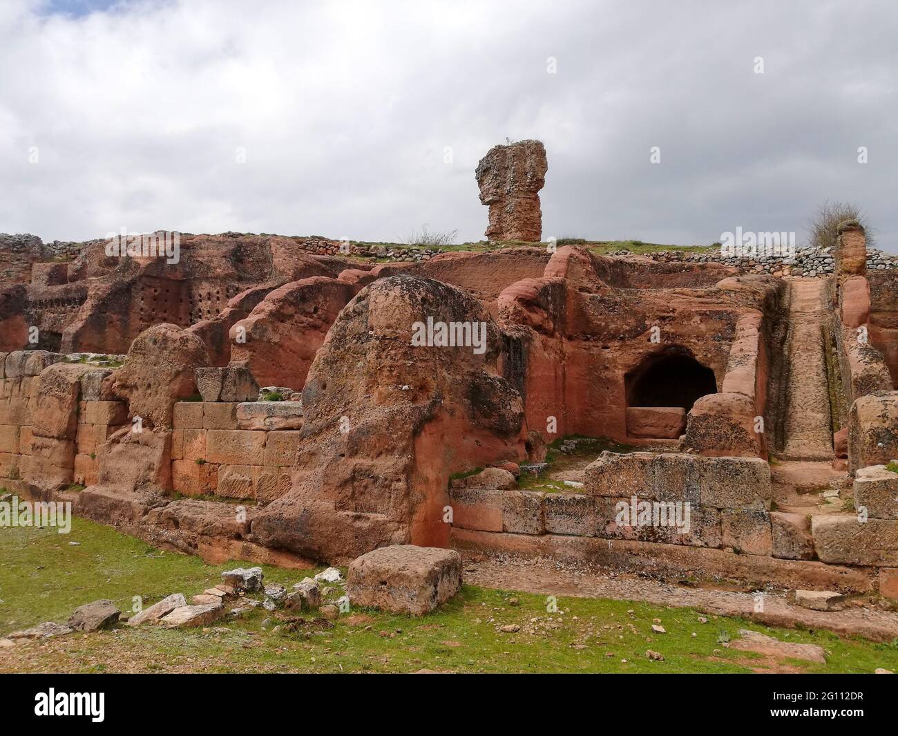 Discovered ruins of an ancient Roman civilization in Montejo de Tiermes, Soria on a cloudy day Stock Photo