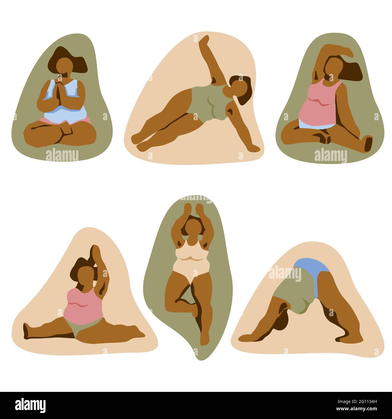 Plus size abstract woman workout in yoga poses. Bodypositive lady icons set. Active overweight girl. Up dog, lotus, monkey yoga poses vector illustrat Stock Vector