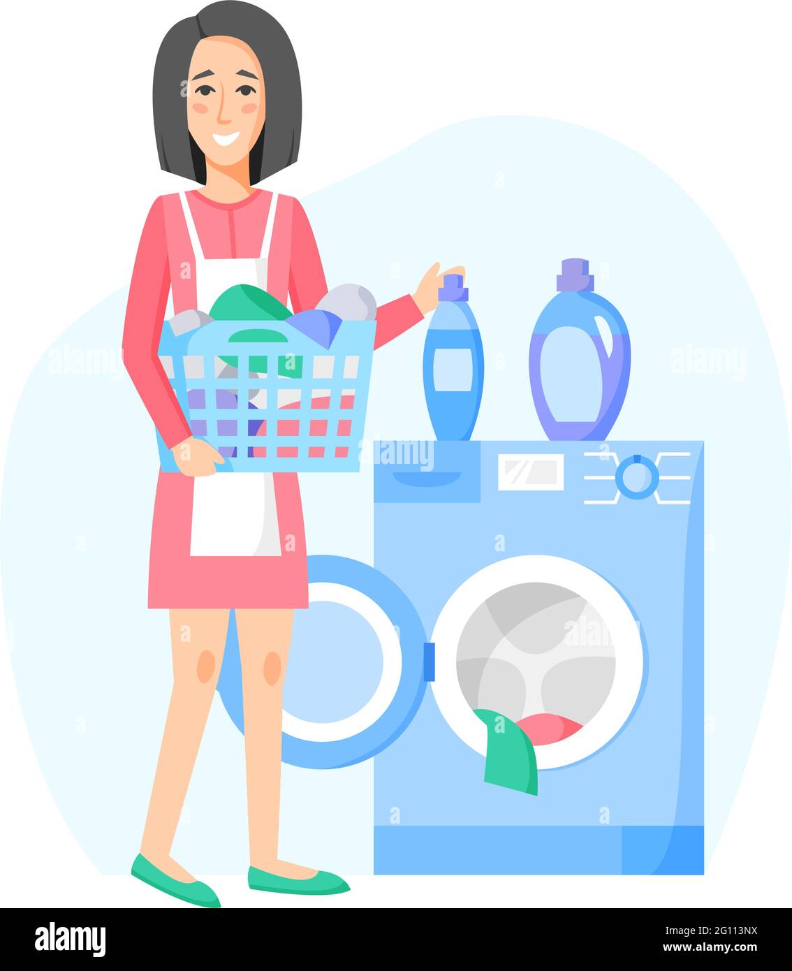 Woman doing laundry. Happy housewife washing clothes. Washing machine ...