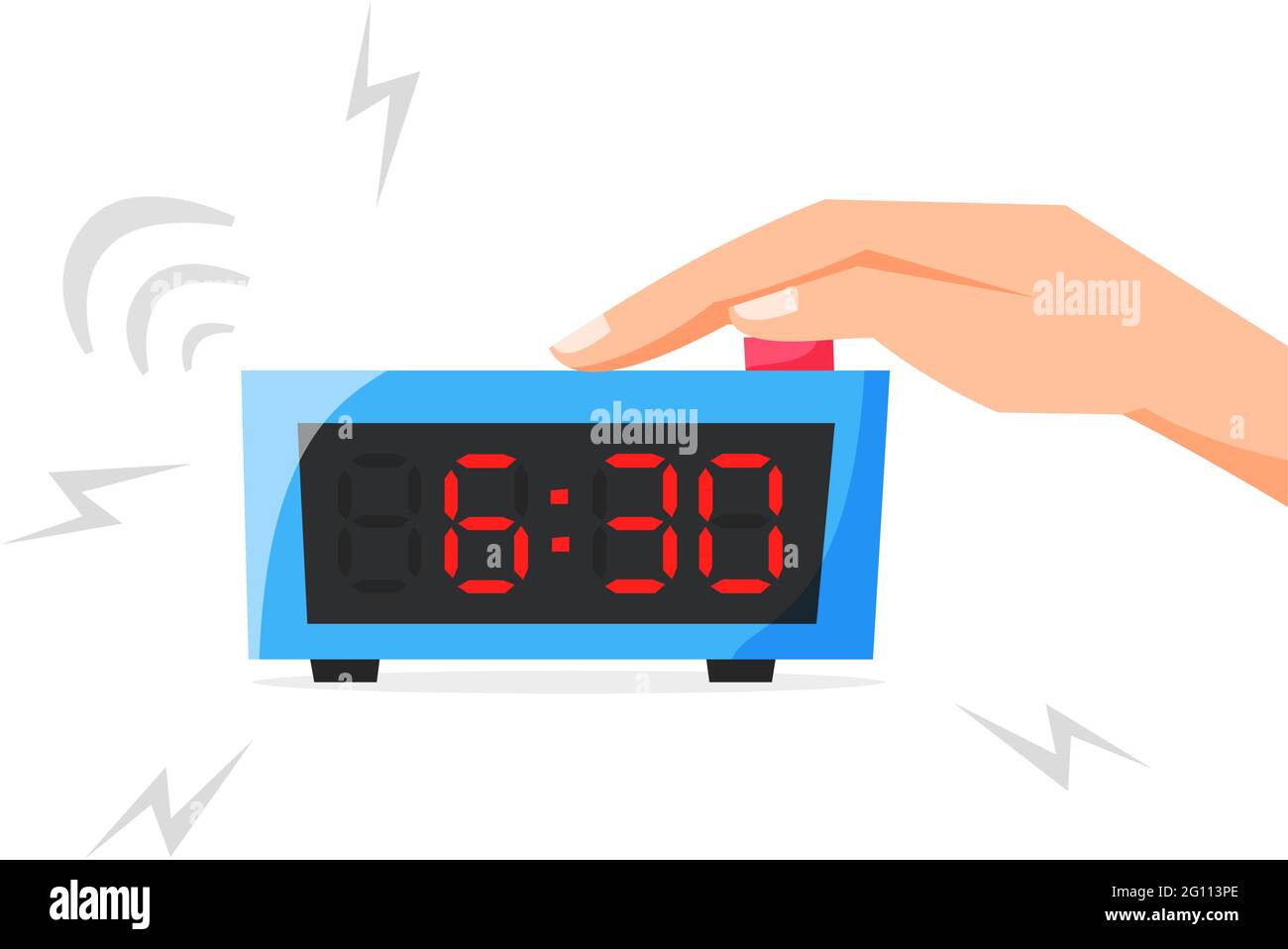 Turn of ringing alarm clock, pressing button on electronic clock, early morning concept, waking up early, flat style vector illustration Stock Vector
