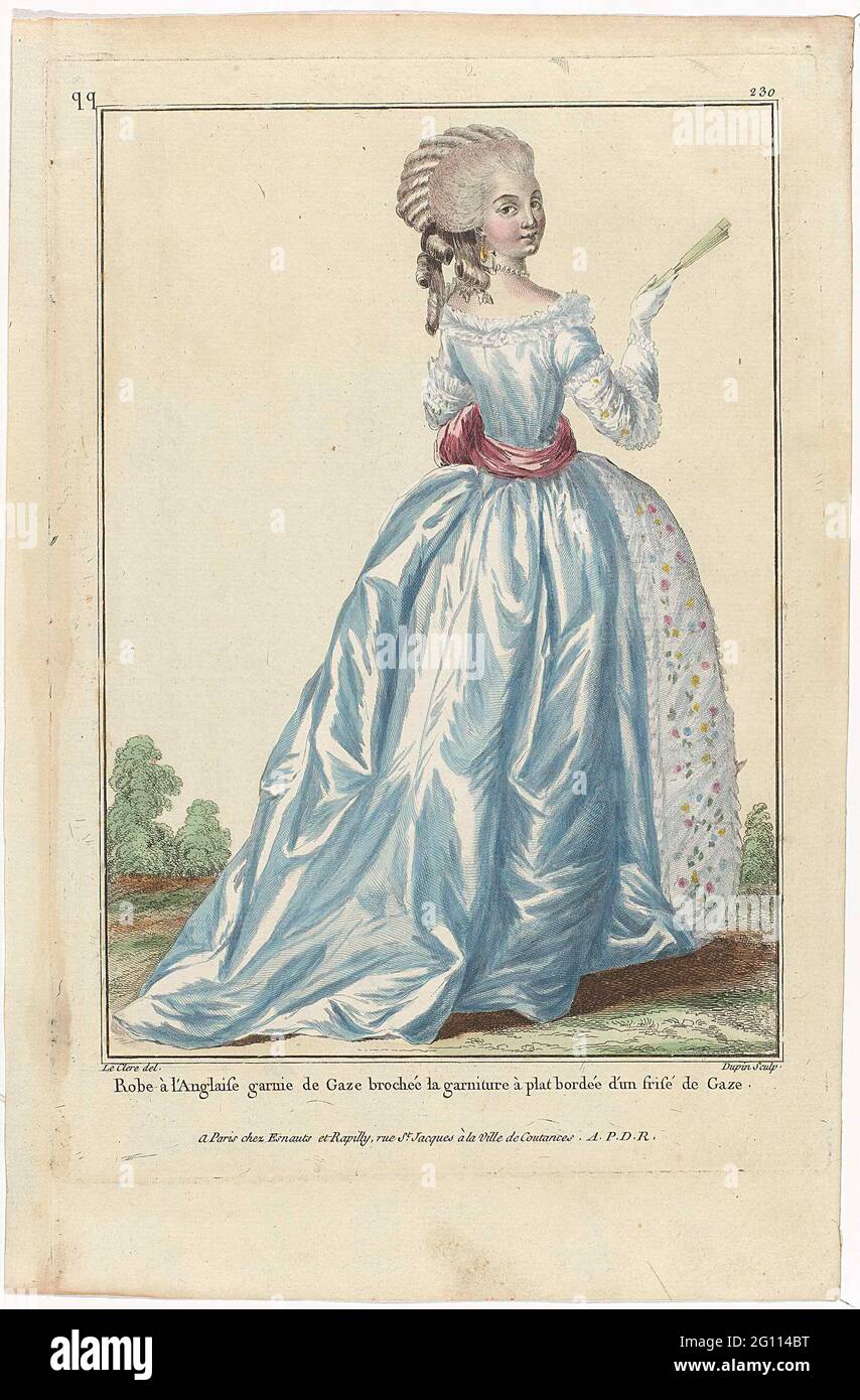 Gallery des Modes et Costumes Français, 1782, QQ 230: Robe à l'Anglais  (...). Woman, seen on the back, in a 'Robe à l'Anglaise' decorated with a  bond of bordered tulle, trimmed with