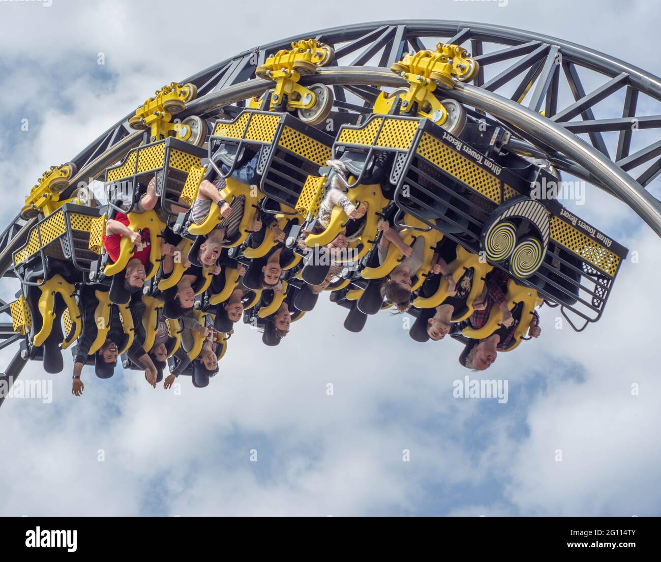The World Record Breaking Rollercoaster , The Smiler at Alton Towers, Will Turn you upside down a record 14 Times per ride ! Stock Photo