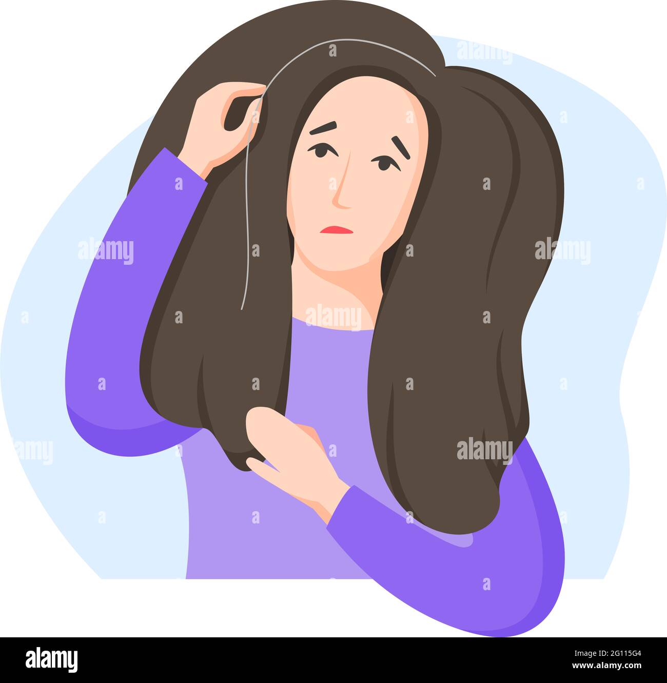 Woman found grey hair, worry about getting old and turning grey, dissatisfaction with oneself, appearance-related social pressure and ageism issue, fl Stock Vector