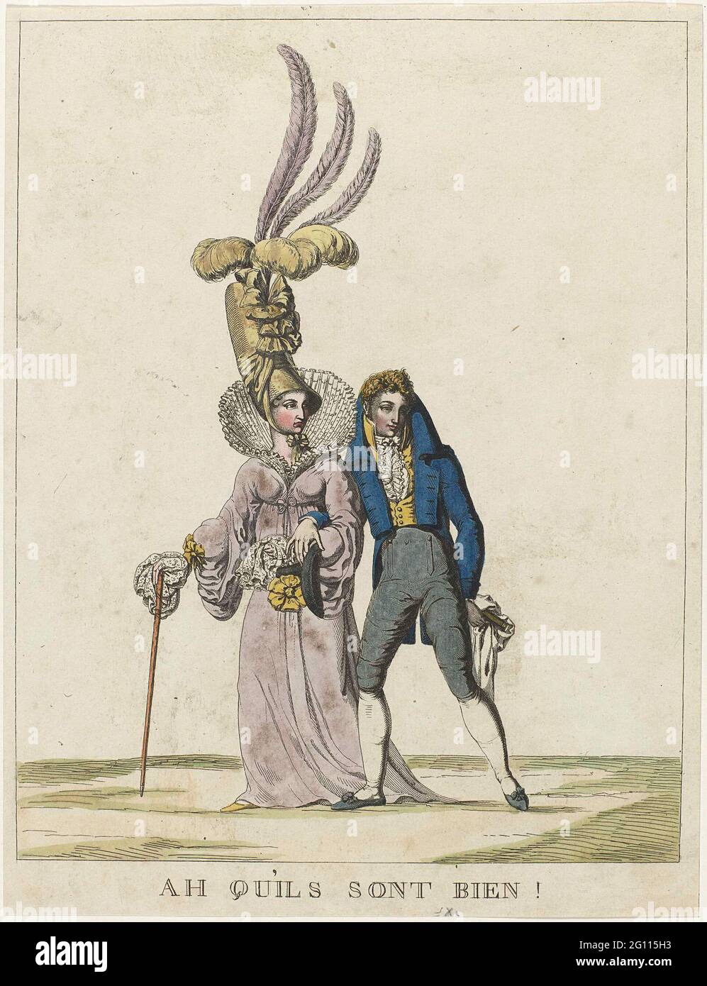 Ah Qu'ils Sont Bien!. Cartoon on fashion of 1817. Heard walking couple. The  woman is wearing a high waist and towing and a high-standing folding  college, wide puffing sleeves with transparent under-sleeves