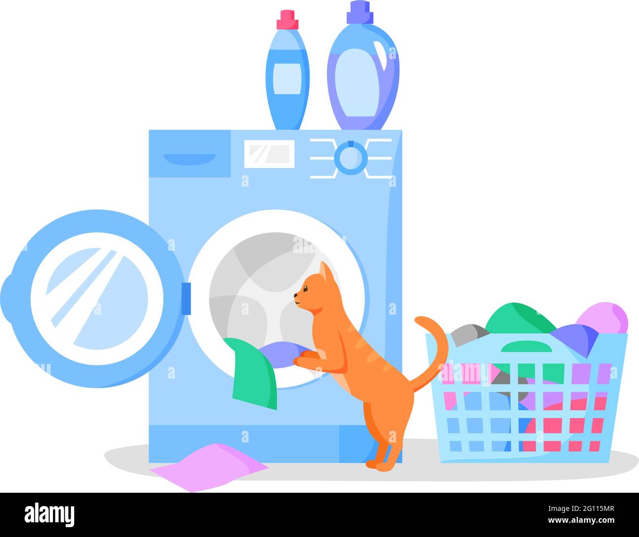 Cat looking in open washing machine, laundry basket with clothes