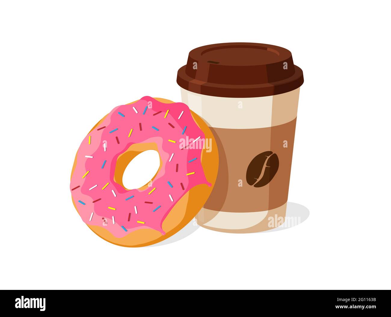 Colorful tasty pink donut and disposable paper coffee cup set. Glazed doughnut with hot beverage vector isolated eps illustration Stock Vector