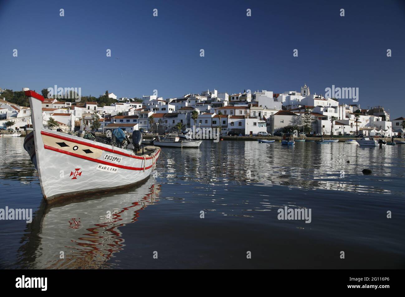 A general view of Ferragudo, a charming fishing town situated on the eastern side of the Arada River on the western border of the municipality of Lagoa, in Portugal and which is often claimed to be the prettiest village in the Algarve. Picture date: Monday August 4, 2008. Stock Photo