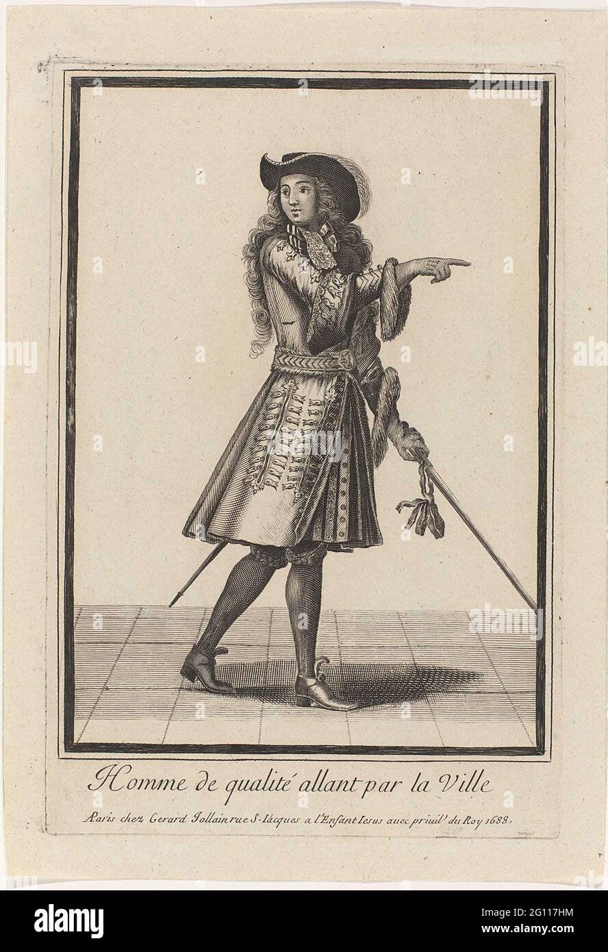 Homme de Qualité Allant Par La Ville; Young leading man walking in the  city. Young man dressed in a justaucorps, vest (kamizool) and knee pants.  Hat on the allonchapper. Shoes with buckles