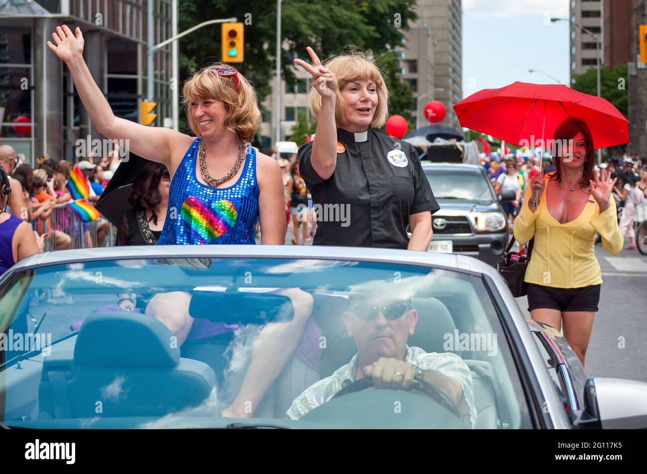 Laurel Broten and Cheri DiNovo - Pride Parade Co-Marshals - partaking in the Pride Parade - the closing activity of the Toronto Pride Festival. Stock Photo