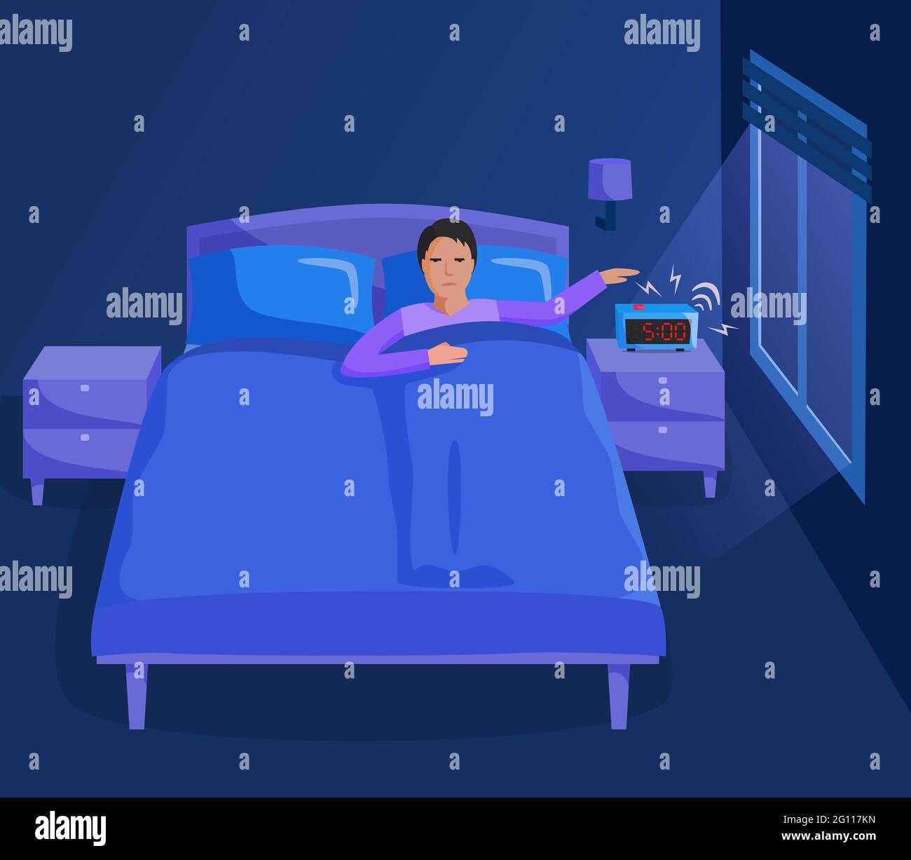 Person in bed waking up early, bedroom interior at early morning, alarm clock ringing, flat style. Vector illustration Stock Vector