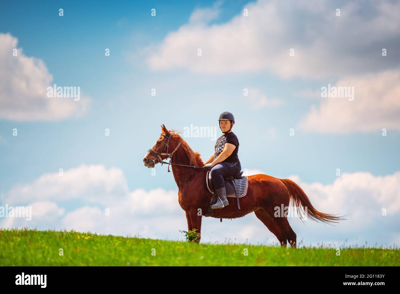 Young Boy riding a horse in the field Stock Photo