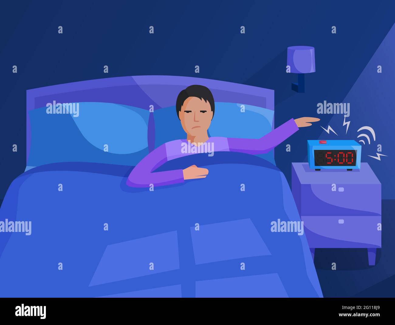 Person in bed waking up early, bedroom interior at early morning, alarm clock ringing, flat style. Vector illustration Stock Vector
