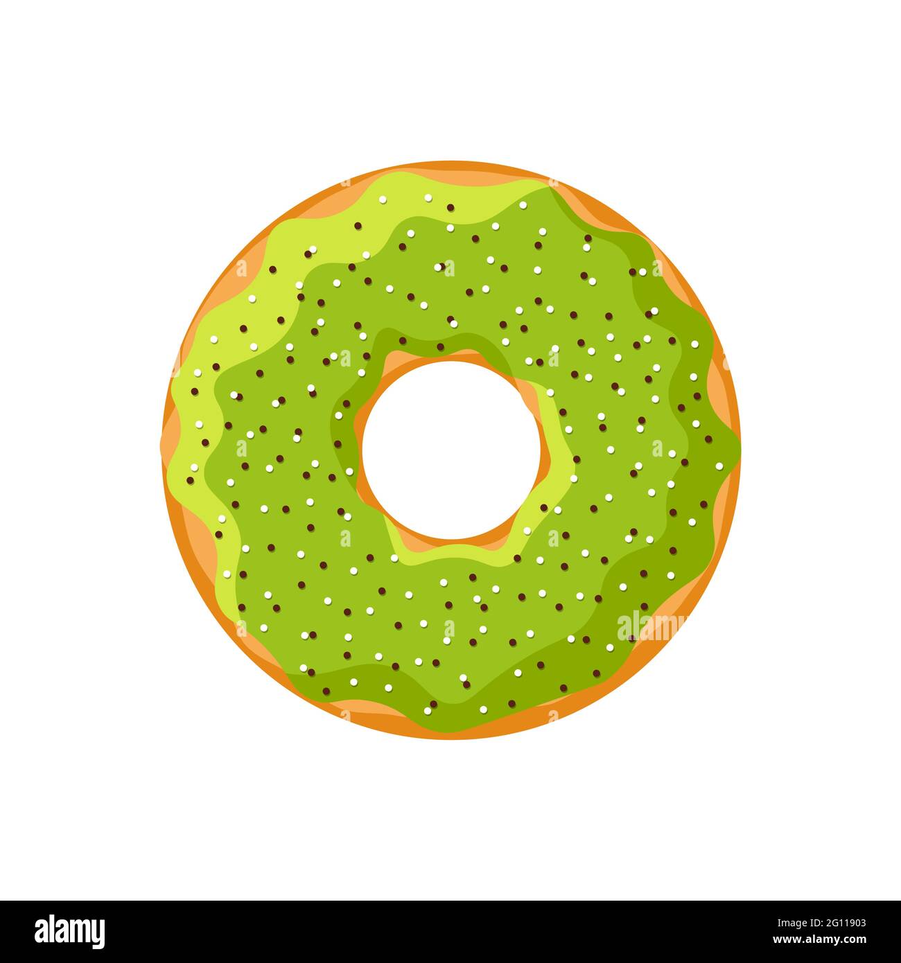 Cute tasty donut isolated on white background. Green glazed doughnut bakery top view for cake cafe decoration or menu design. Vector eps illustration Stock Vector