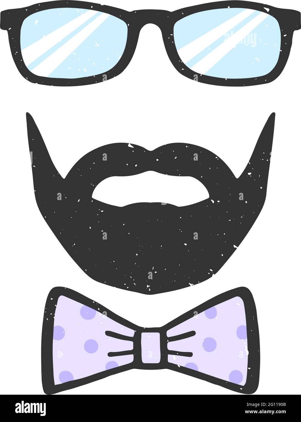 Glasses, beard and bow vector illustration with texture. Decoration for Father's Day. Man face. Design element for print, poster, banner, badge Stock Vector