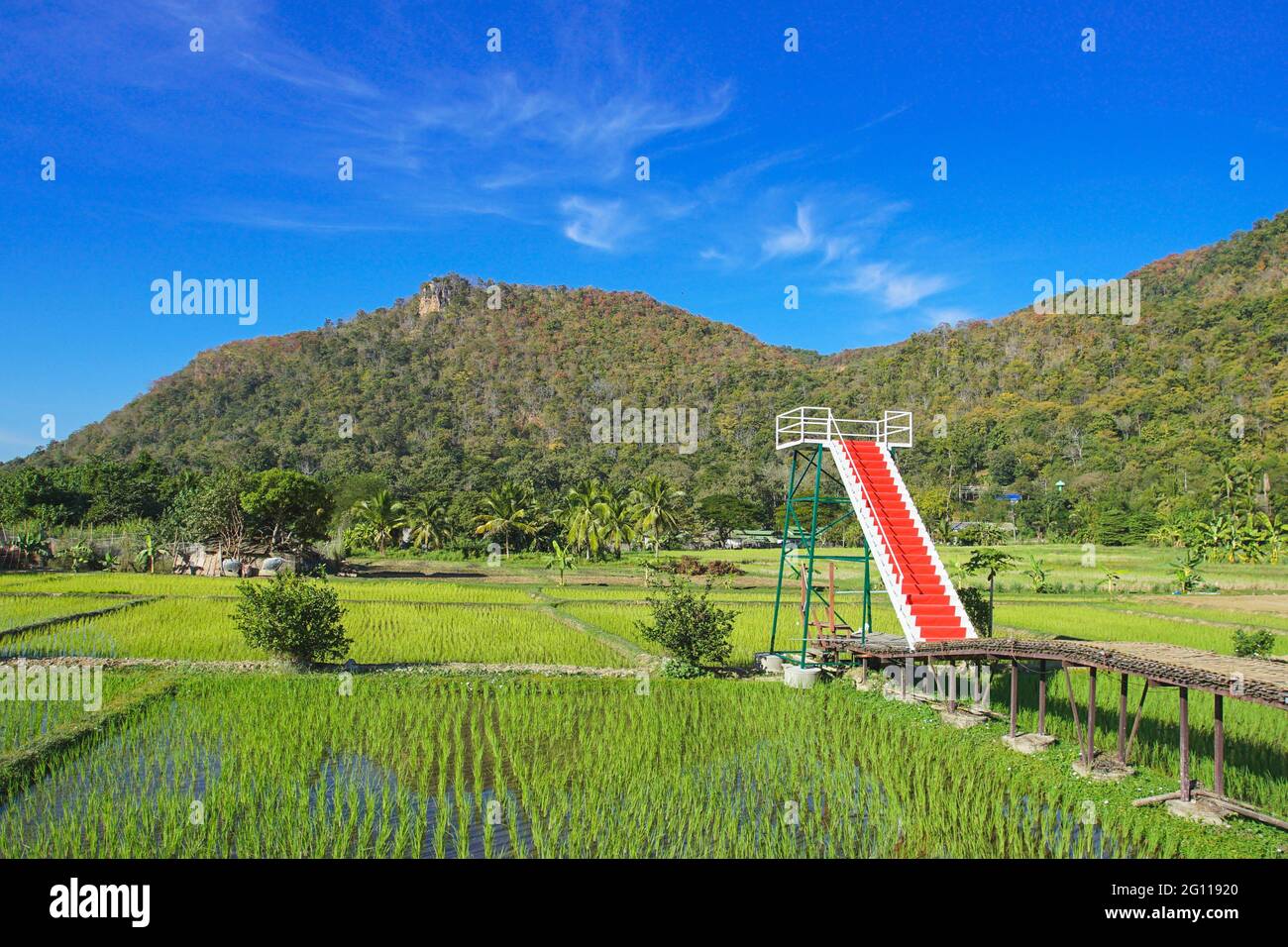 The famous travel destinations of Mae Hong Son Pha Bong Village in local Thai name is Sapankhao Kao Peu Sook. (Translation:Pha Bong Village in Mae Hon Stock Photo